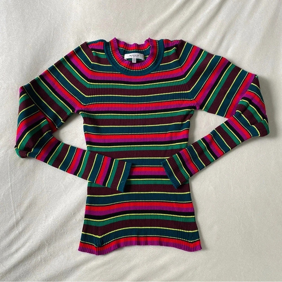 Milly Striped Ribbed Puff Sleeve Sweater Colorful Stretch Size P - Picture 4 of 8